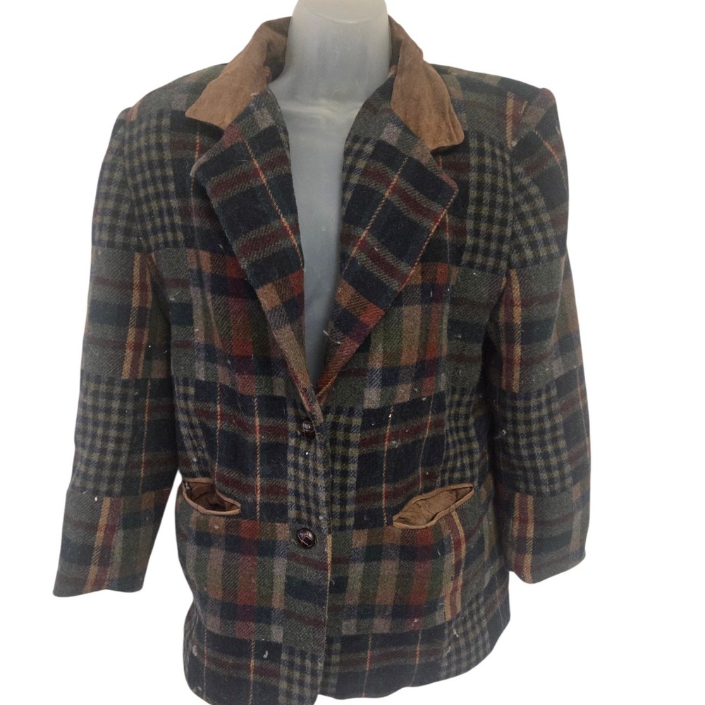Vintage 90s JL Colebrook Wool Blend Plaid Blazer Suede Trim Women's Size 8